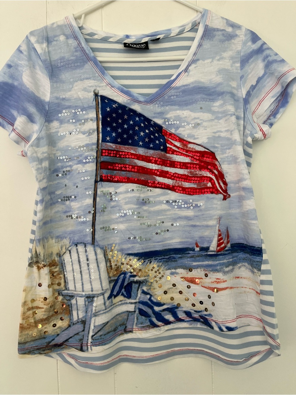 Onque Casual Petite Sequin American Flag Beach Tee Top Shirt Size PLarge - Picture 2 of 12